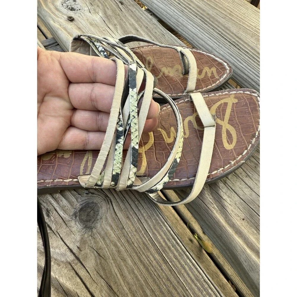 Sam Edelman Gwennie Sandals Women's 8.5 Beige Leather Snakeskin Strappy Thong